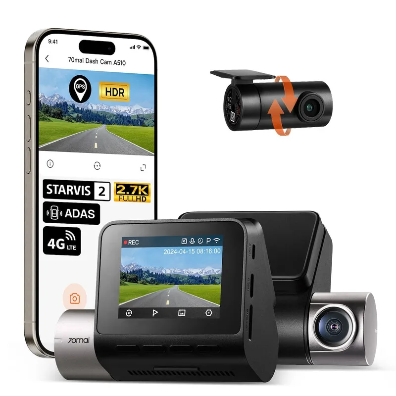 70mai 2.7K Dashcam Voor en Achter A510-1, 1944P+1080P Dual Dashcam met Sony STARVIS 2, HDR-nachtzicht, Slimme Autocamera met Ingebouwde GPS, 4 G LTE, ADAS, 24-uurs Parkeermodus, Spraak- & App-bediening van 70mai – productfoto