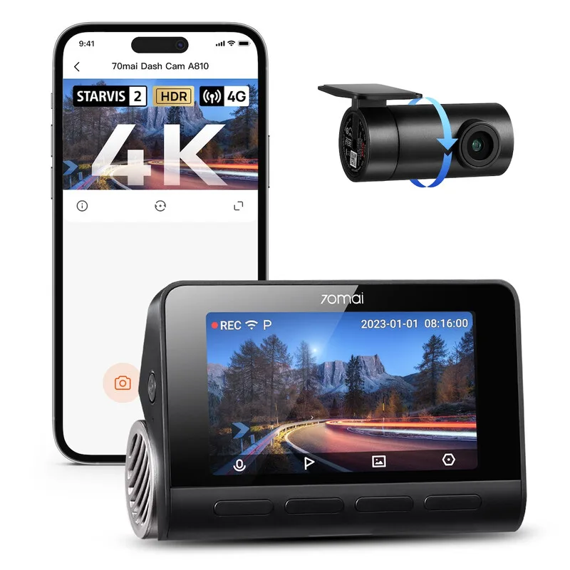 70mai 4K Dashcam Voor en Achter A810-2, Echte 4K UHD Dashcam met Sony STARVIS 2, HDR Nachtzicht, AI-Bewegingsdetectie, Ingebouwde GPS, 4 G LTE Ondersteund, ADAS, 24u Parkeermodus, Spraakbesturing, 150° Groothoek (SD-kaart niet inbegrepen) de 70mai – photo produit