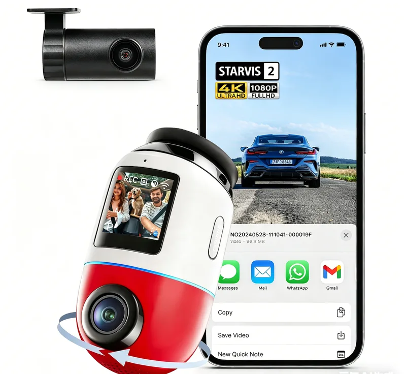 Dashcam 4K Omni, Voor Achter 4K+1080P HDR Autocamera's met STARVIS 2 IMX678, Nachtzicht, Parkeermodus, Spraakbesturing, 4 G LTE, Bewegingsdetectie, 5GHz WiFi 6, App-bediening van 70mai – productfoto