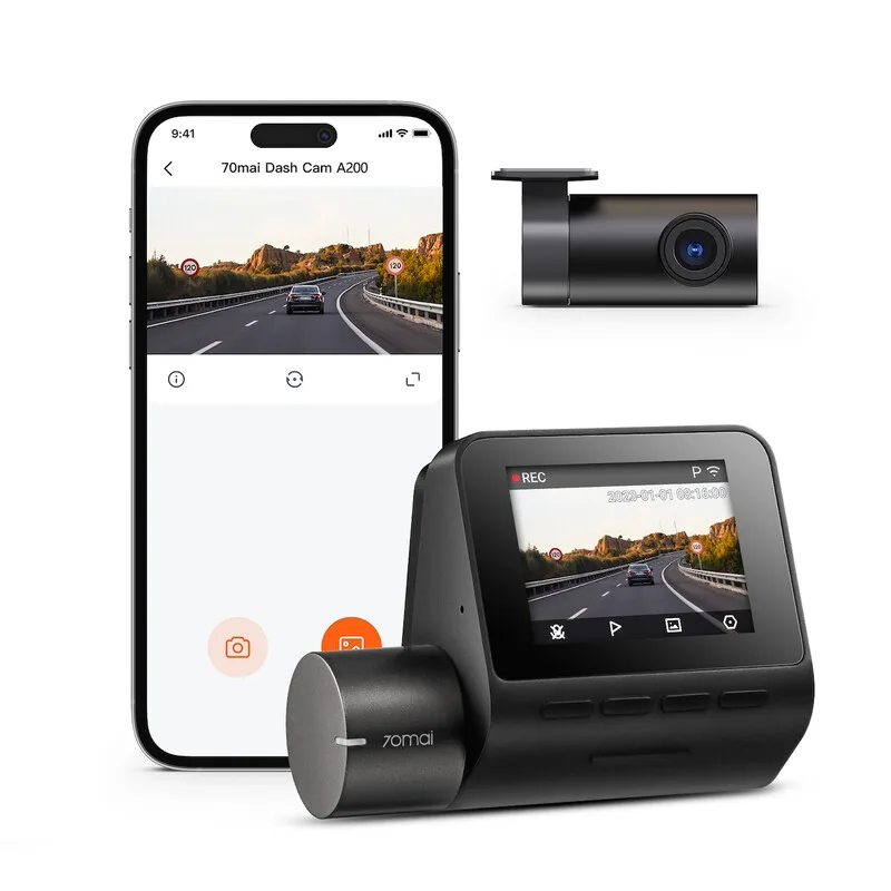 Dashcam A200-1, Dual 1080P HDR Voor- en Achtercamera, 60 FPS vloeiende opname (voor), 70mai Night Owl Vision, 130° kijkhoek, 2'' IPS-scherm, WiFi App-bediening van 70mai – productfoto