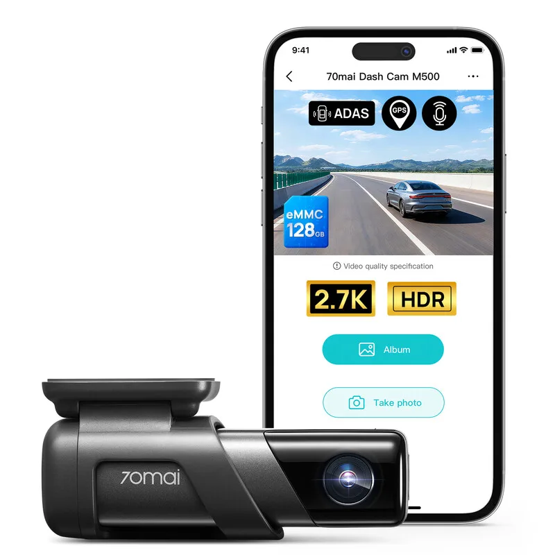 Dashcam M500, Echte 1944P Ultra HD Autokamera mit integriertem 64 GB eMMC-Speicher, 170° Weitwinkel-Sichtfeld, HDR-Nachtsicht, integriertes GPS & Routenverfolgung, ADAS, App-Steuerung, keine SD-Karte erforderlich de 70mai – photo produit