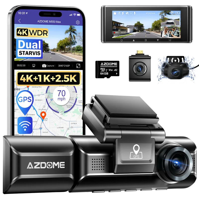 [109,99 nach Rabatt] AZDOME M550 MAX 4K Dashcam Auto 4K+ 1080P+ 2,5K Front Rückseitig Innen mit Dual STARVIS, 64 GB SD-Karte, WLAN, GPS, Super Nachtsicht van AZDOME – productfoto