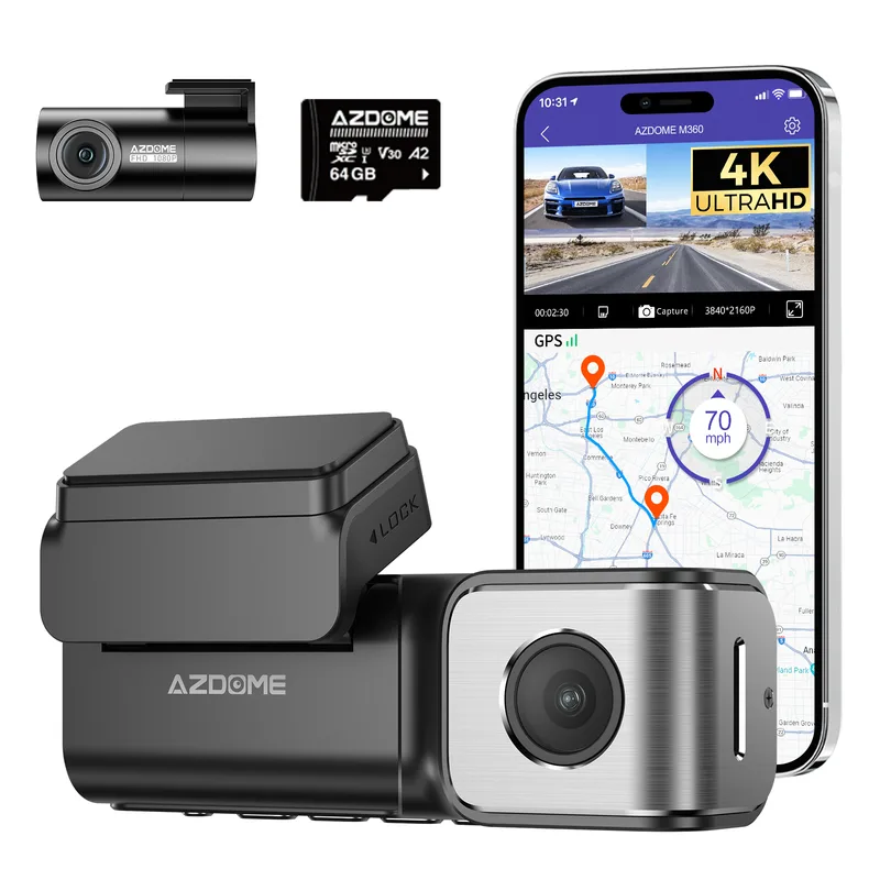 M360 Dashcam vorne & hinten 4K + FHD, 5-GHz-WLAN, GPS, ADAS, englische Sprachsteuerung, Super-Nachtsicht, WDR van AZDOME – productfoto