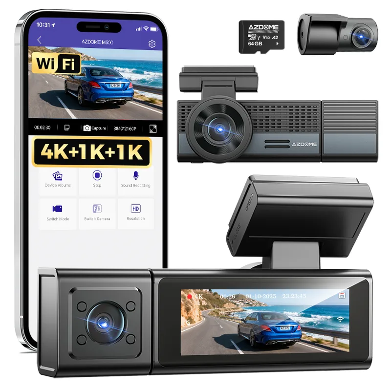 M500-3CH 3-Kanal-Dashcam mit Dreifachobjektiv, WLAN, 4K+1K+1K, integrierter 64-GB-Speicherkarte, Nachtsicht und GPS-Tracker fra AZDOME – produktbillede