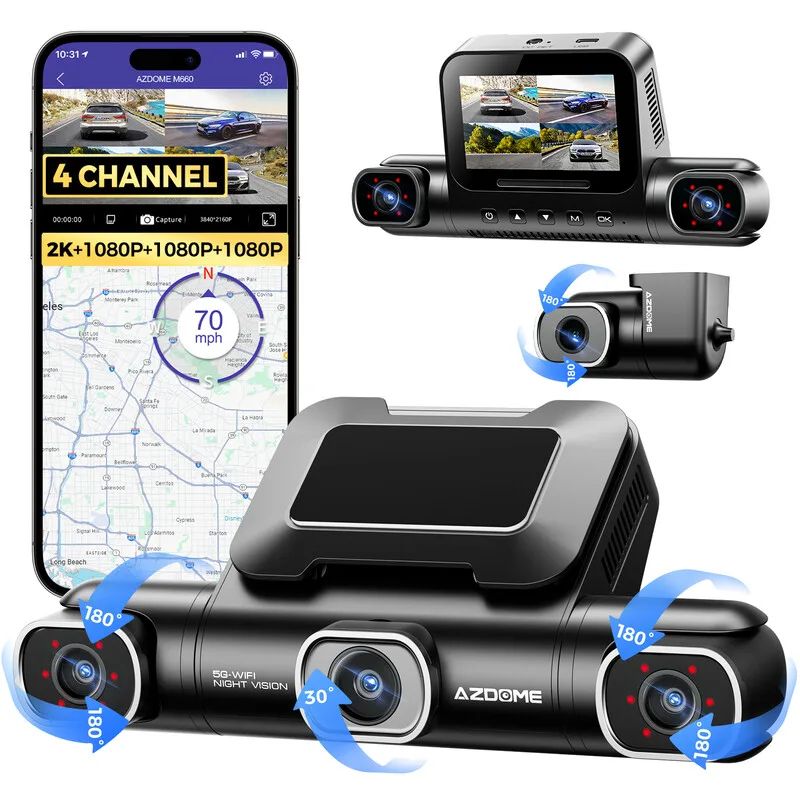 M660 4-kanaals dashcam 360 graden 4K met gps en nachtzicht voor de auto van AZDOME – productfoto