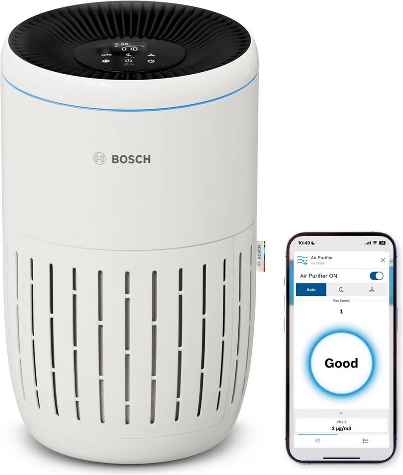 Luftreiniger Air 2000i, kompakt mit App-Steuerung, für 37 m² Räume, mit 3-in-1 Luftfilter, Smart Sensor, Automatik-, Ruhemodus < 25 dB(A) från Bosch i Vit – produktbild