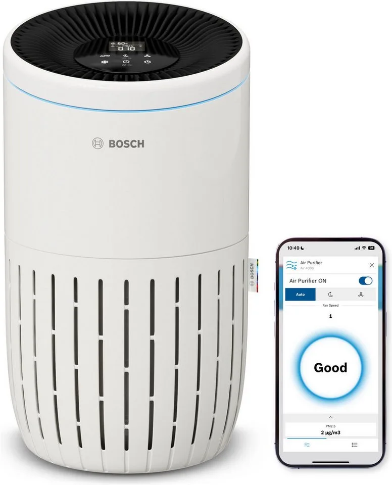 Luftreiniger Air 4000i, mit App-Steuerung, für 62 m² Räume, mit 3-in-1 Luftfilter, Smart Sensor, Automatik- und Ruhemodus från Bosch i Vit – produktbild