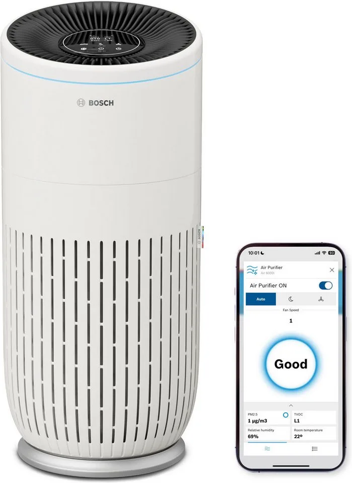 Luftreiniger Air 6000i, leistungsstark und mit App-Steuerung, für 125 m² Räume, mit 4-in-1 Luftfilter und Temperatur- und Luftfeuchtigkeits-Sensor van Bosch in Wit – productfoto