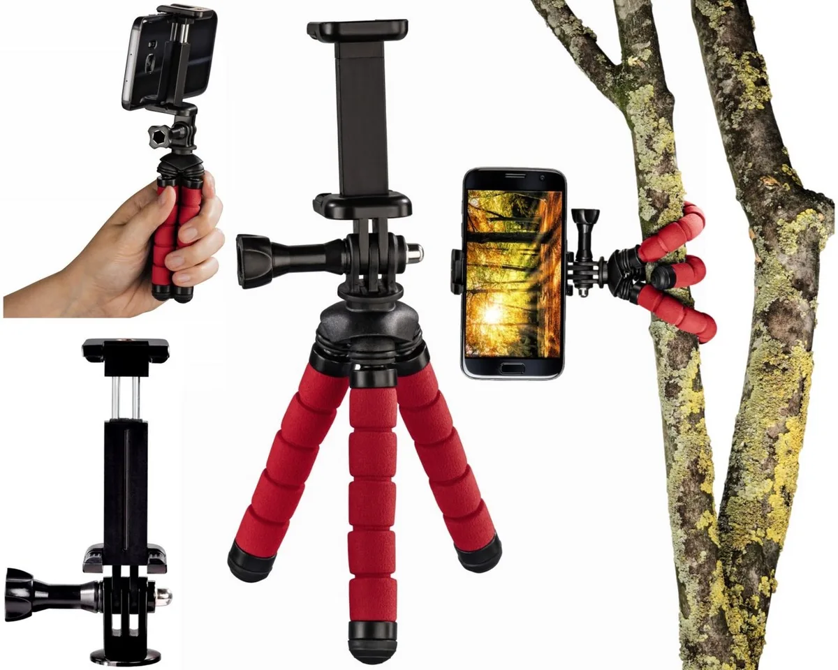 Flex Flexibles Mini-Stativ 14cm Tripod Kamerastativ (Beine mit 360°-Biegung Smartphone-Halterung und für GoPro ActionCam) von Hama in Rot – Produktfoto