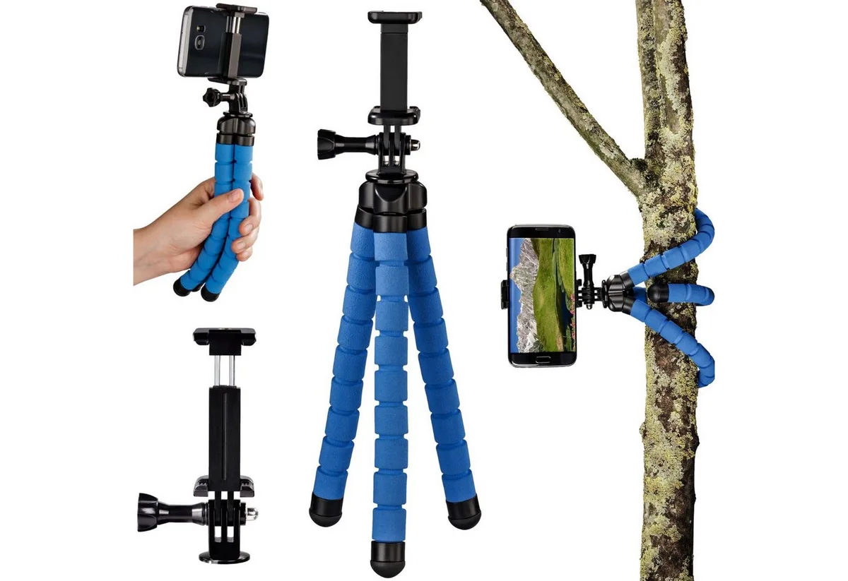 Flex Flexibles Mini-Stativ 26cm Tripod Kamerastativ (Beine mit 360°-Biegung Smartphone-Halterung und für GoPro ActionCam) van Hama in Blauw – productfoto