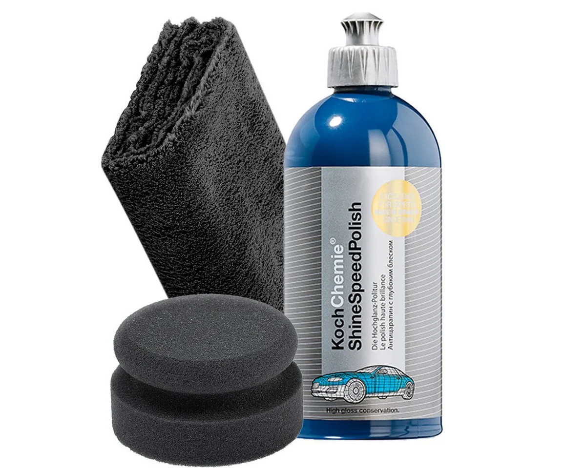 Shine Speed Polish 500ml Auto Handpolitur Set Schwamm Tuch Autopolitur, Hochglanz-Politur, Finish, Polierschwamm, Poliertuch, Autopolitur von Koch-Chemie in Blau, Schwarz – Produktfoto