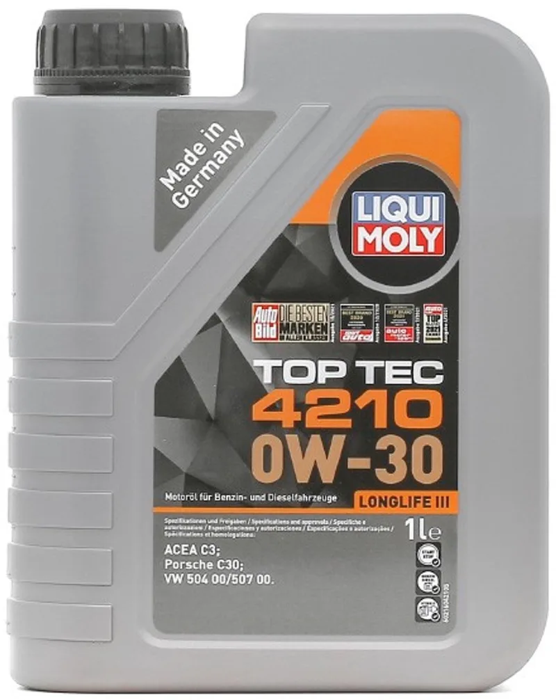 LIQUI MOLY 1L Liqui Moly 21604 Top Tec 4210 0W-30 Motorolie ACEA C3, BMW Longlife-04, MB-Freigabe 229.51/229.52, Porsche C30, VW 504 00/507 00 (21604) van Liqui Moly – productfoto