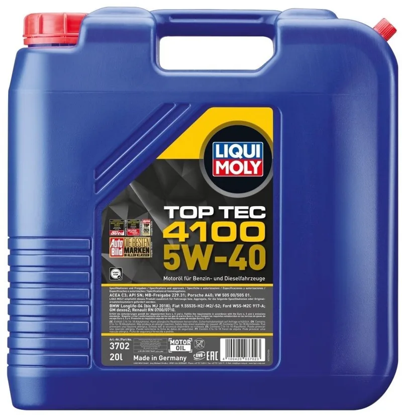 LIQUI MOLY 20L Liqui Moly 9511 5W40 Top Tec 4100 Synthetisch Motorolie C3 VW50500/50501 MB229.31 (3702) van Liqui Moly – productfoto