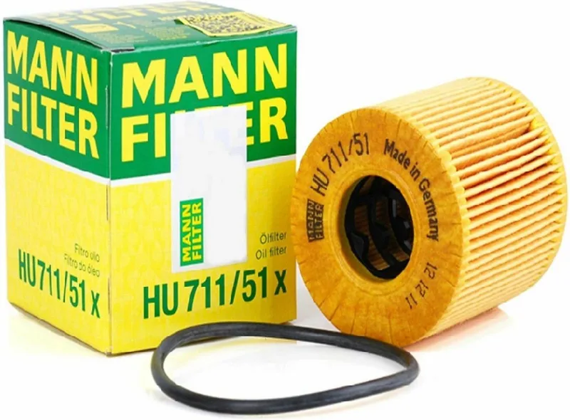Oliefilter HU 711/51 x | OEM 1109CL | 6G9Q6744AB | LR004459 | Peugeot 207 308 II, Citroën C4 Picasso C5 II DS4, Ford Transit Mk7, MINI Cooper R55 R56 R57 R58 R60 R61, Land Rover Freelander 2 Evoque van MANN-FILTER in Geel – productfoto