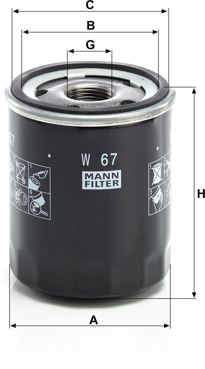 Oliefilter W 67 | OEM A0001802810 | MR984204 | 35302060 | Hyundai i10 1.2, Mitsubishi Colt VI CZ3 CZC CZT Lancer VIII Mirage, Smart Forfour 454, JCB 300-Serie de MANN-FILTER en Noir – photo produit