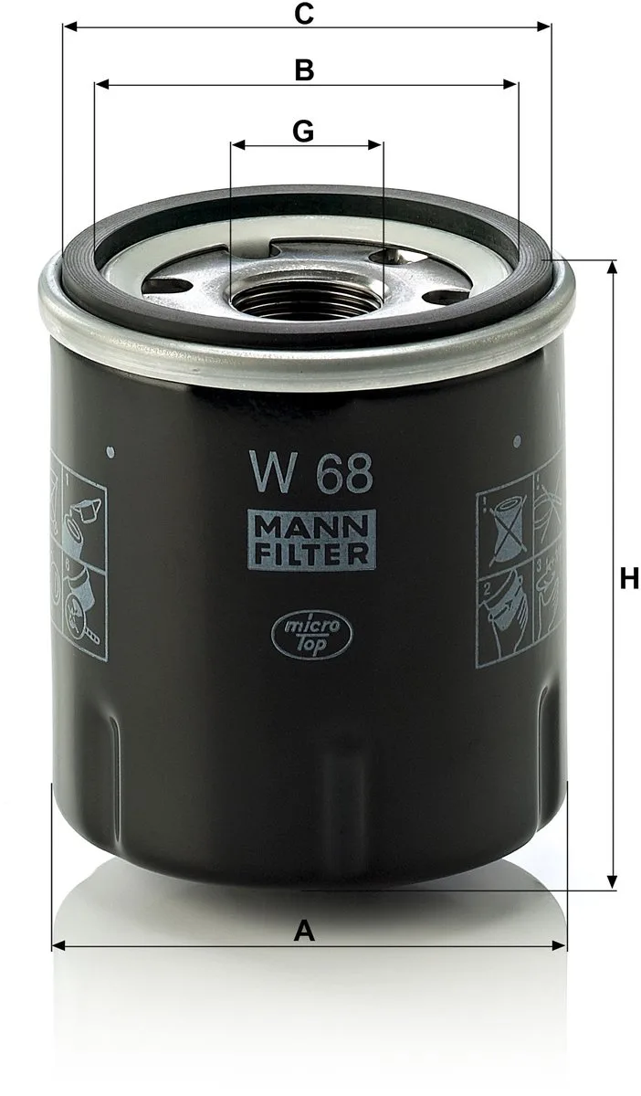 Oliefilter W 68 | OEM 7700112686 | 15853-99170 | MD134953 | Renault Clio II Clio Campus Clio Symbol, Aixam Crossline Crossover GTO, Bobcat 2000 300 400 E-Serie de MANN-FILTER – photo produit