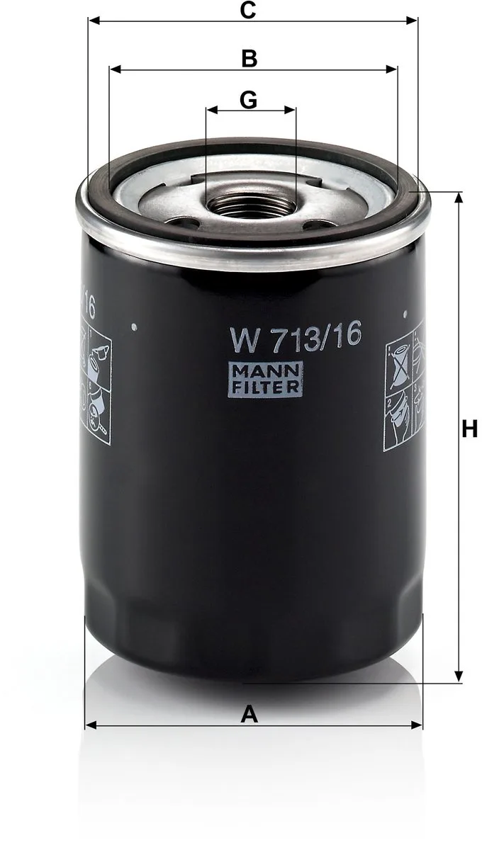 Oliefilter W 713/16 | OEM 71736157 | 55195984 | 60813507 | Voor Fiat Punto I Panda I Bravo Brava Marea Palio Tipo Uno, Alfa Romeo 145 146 155, Lancia Y Y10 van MANN-FILTER – productfoto