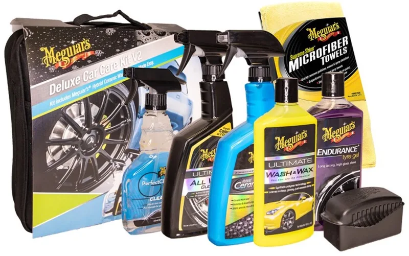 Deluxe Car Care Kit V2 - Auto schoonmaak set - Autoshampoo - Spraywax - Bandengel - Velgenreiniger - Glasreiniger /Ruitenreiniger - Microvezeldoek de Meguiar's – photo produit