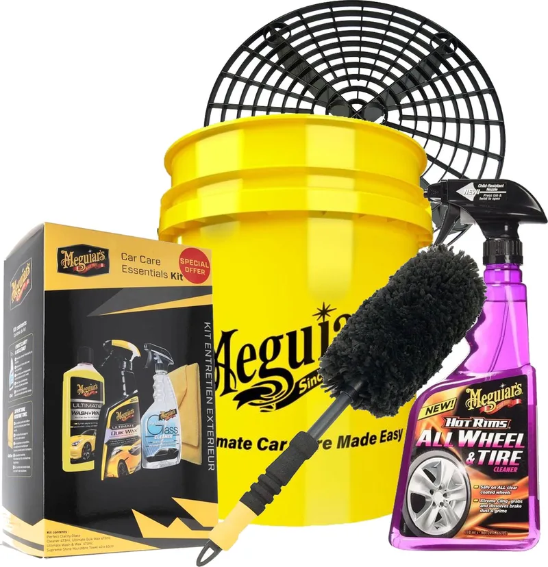 essentail 2 kit bestaande uit; Wasemmer 19 ltr, Grit guard grit, Wash&Wax, Quick Wax, Clarity Glass Cleaner, Supreme Shine Microfiber doek, Velgenreiniger, Velgenborstel medium by Meguiar's – product photo
