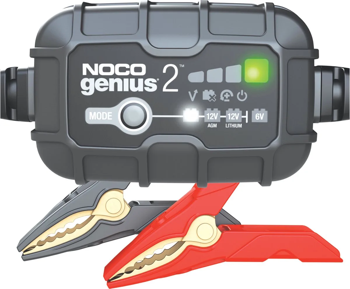 Genius 2EU Acculader – 2 Ampere – 6 & 12 Volt – Volautomatisch - Laadt en onderhoudt - Druppellader van NOCO – productfoto