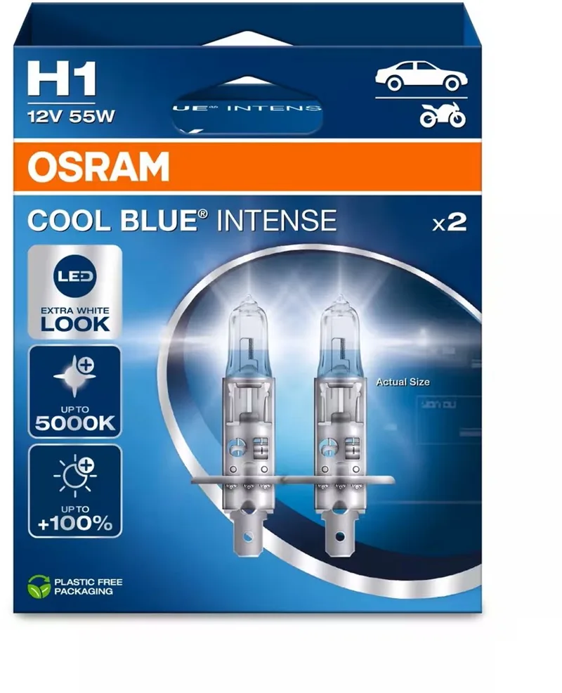 Cool Blue Intense Next Gen H1 halogeen autolampen – witter licht en tot 100% meer zicht - Duitse kwaliteit - set met 2 lampen - 64150CBN-2HB van Osram in Wit – productfoto