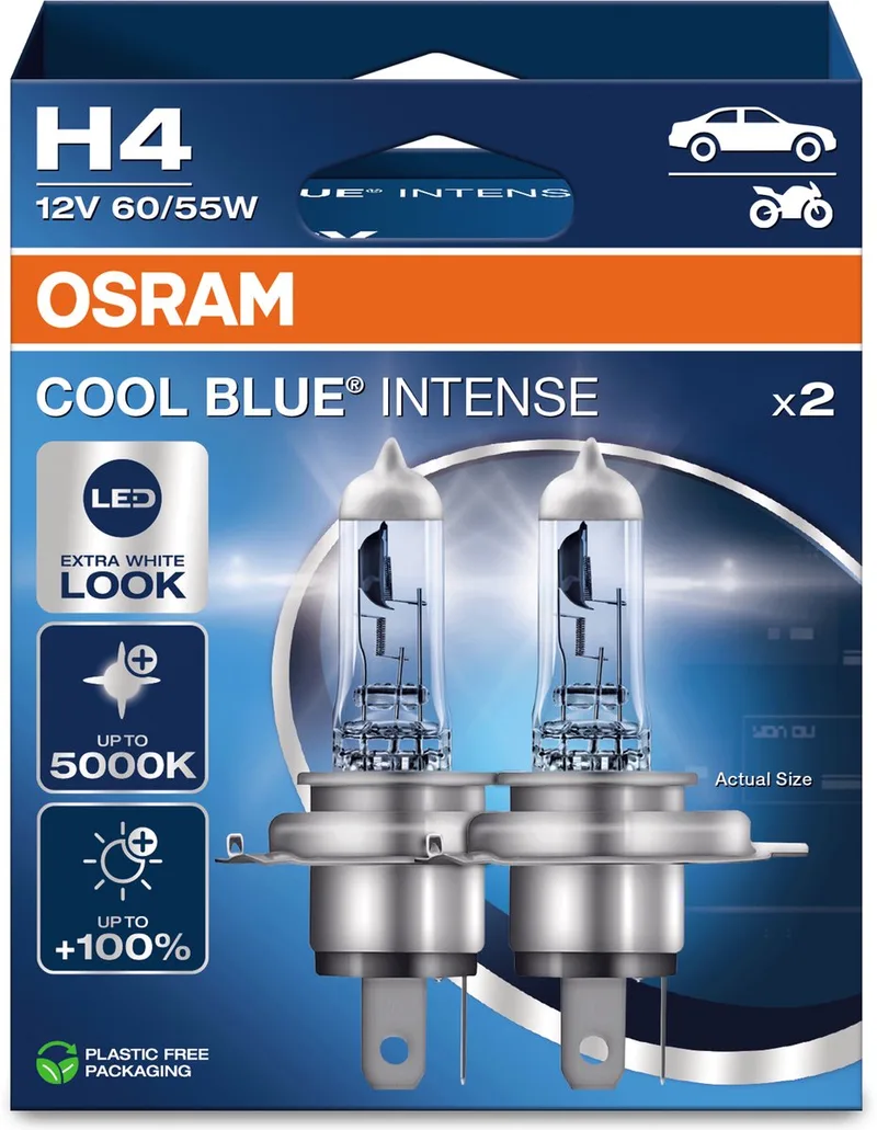 Cool Blue Intense Next Gen H4 halogeen autolampen – witter licht en tot 100% meer zicht - Duitse kwaliteit - set met 2 lampen - 64193CBN-2HB van Osram in Wit – productfoto