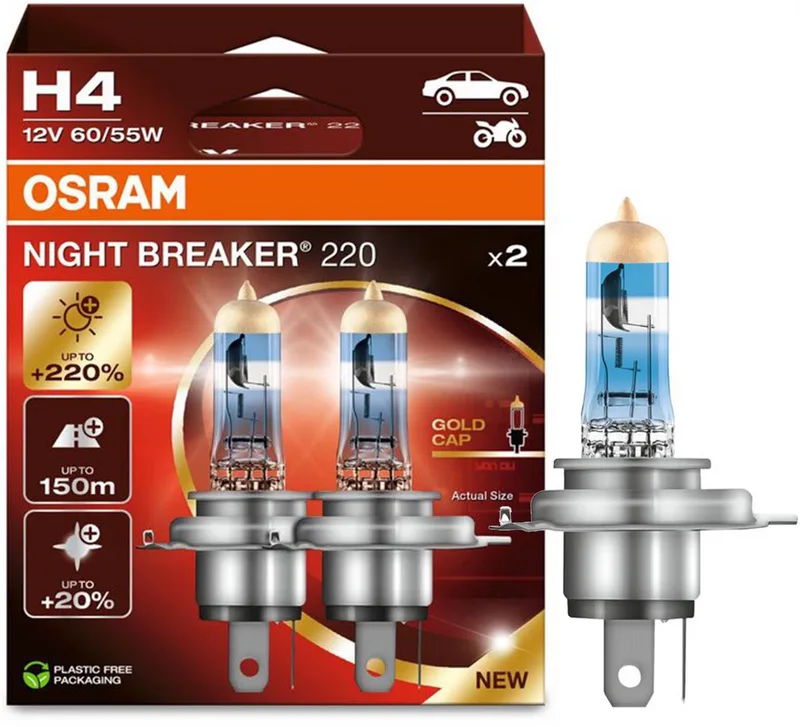 Night Breaker 220 H4 halogeen autolampen 64193NB220 set van 2 lampen - hoogste kwaliteit - hoogste lichtopbrengst van Osram in Wit, Goud – productfoto