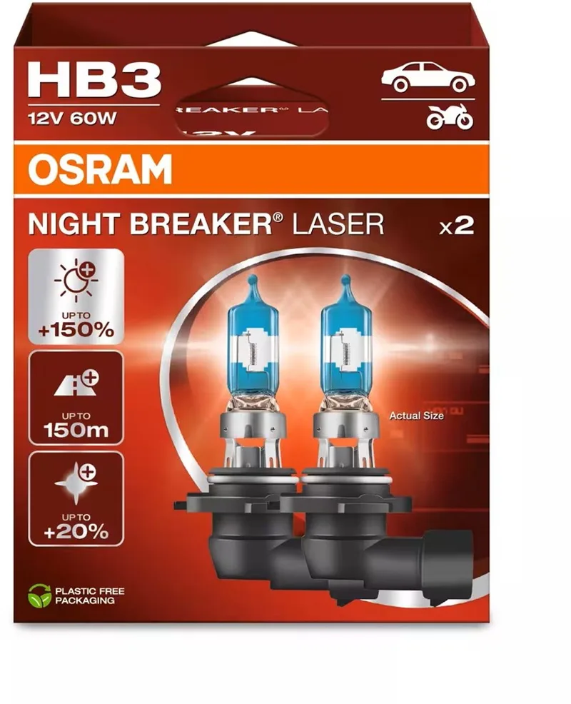 Night Breaker Laser - 9005 / HB3 halogeen autolampen – tot 150% meer licht en 150m zicht - 9005NL-2HB - set 2 lampen van Osram in Wit, Halogeen – productfoto