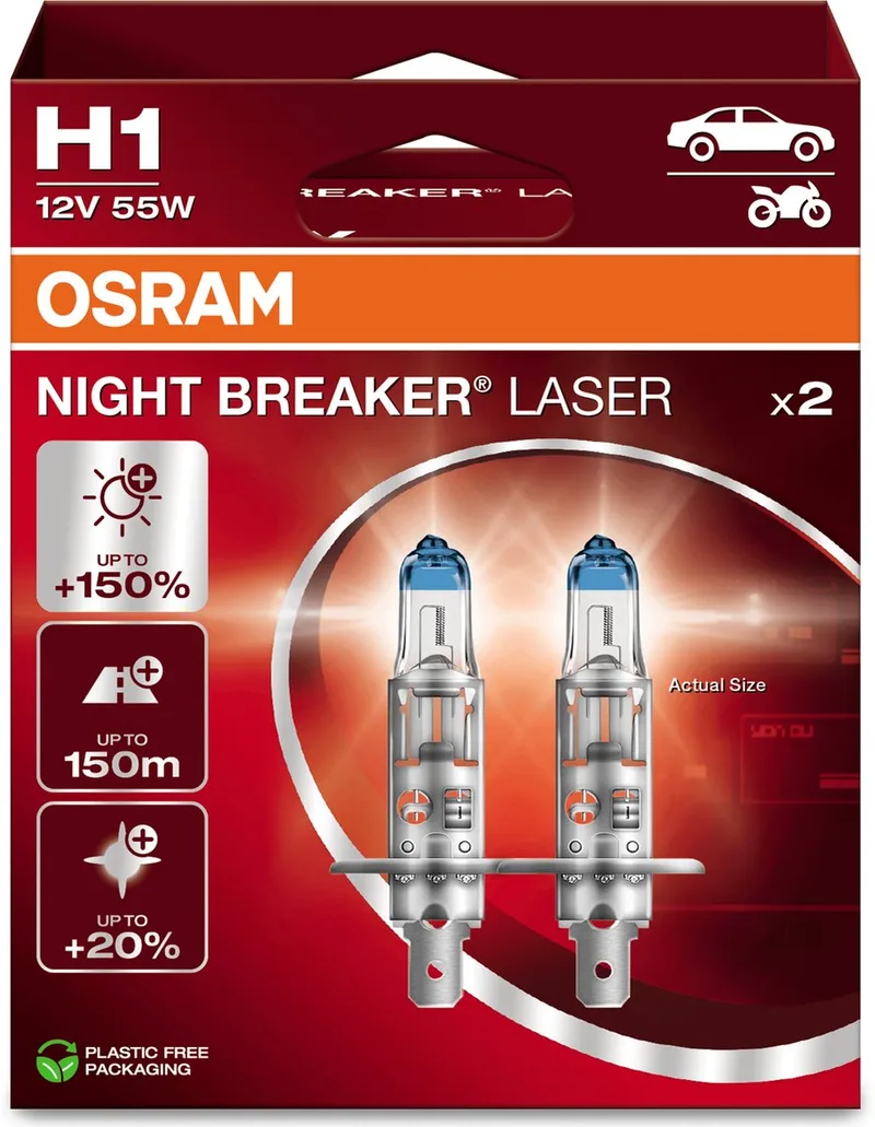 Night Breaker Laser H1 Halogen Autolampen, bis zu 150% mehr Licht und 150m Sicht, 64150NL-2HB, 2er-Set von Osram in Weiß, Halogeen – Produktfoto