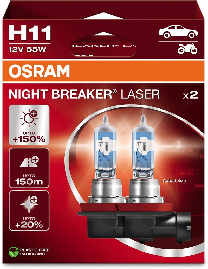 Night Breaker Laser - H11 halogeen autolampen – tot 150% meer licht en 150m zicht - 64211NL-2HB - Duitse kwaliteit - set 2 lampen van Osram in Wit, Halogeen – productfoto