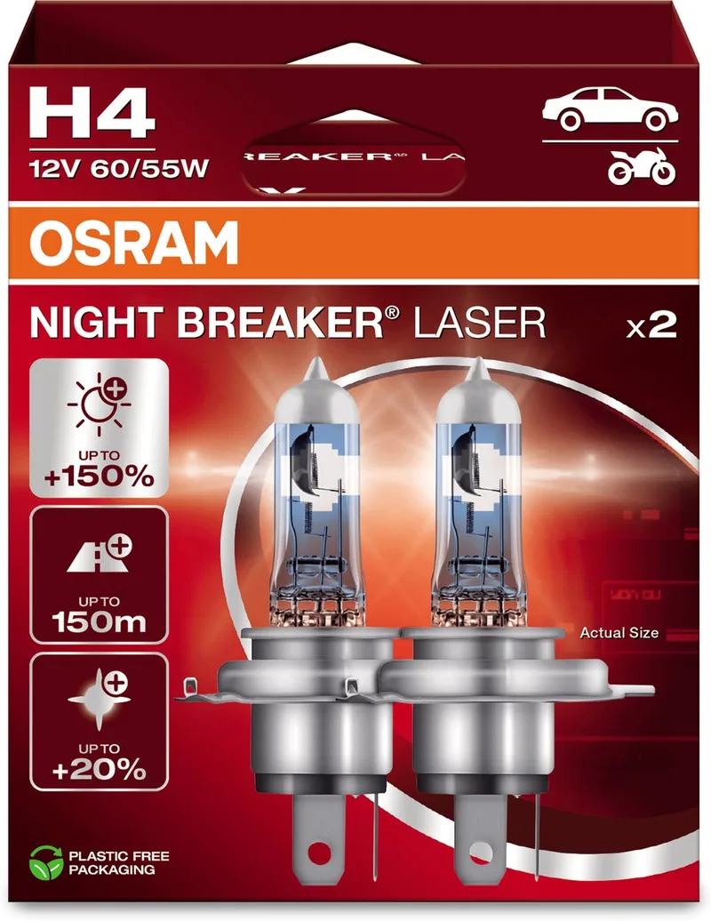 Night Breaker Laser H4, ampoules halogènes auto, jusqu'à 150% de lumière en plus et 150m de visibilité, 64193NL-2HB, lot de 2 ampoules de Osram en Blanc, Halogeen – photo produit
