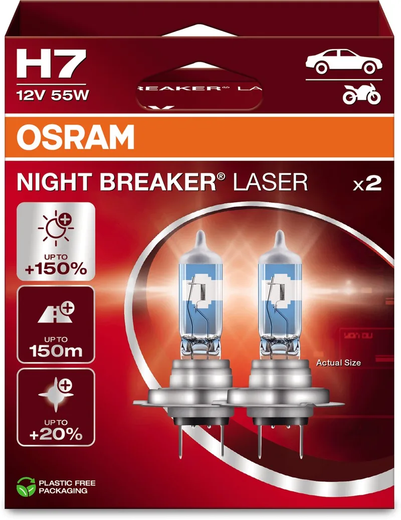 Night Breaker Laser H7 Halogen Autolampen, bis zu 150% mehr Licht und 150m Sicht, 64210NL-2HB, 2er-Set von Osram in Weiß, Halogeen – Produktfoto