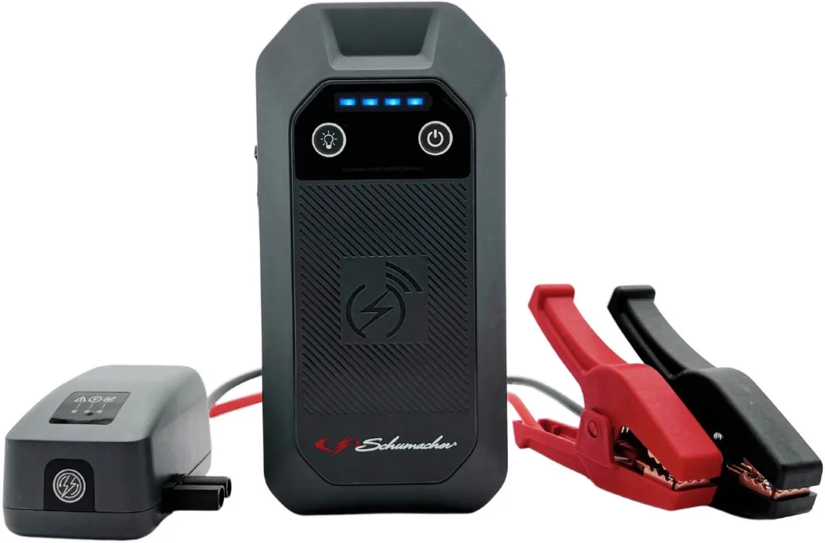 Electric SBX 504 Compact – Jumpstarter 1000A 12V met afneembare klemmen voor auto – Starthulp met USB-Powerbank, draadloos Qi, LED Zaklamp – Accu Booster Tot 25 starts van Schumacher in Grijs – productfoto