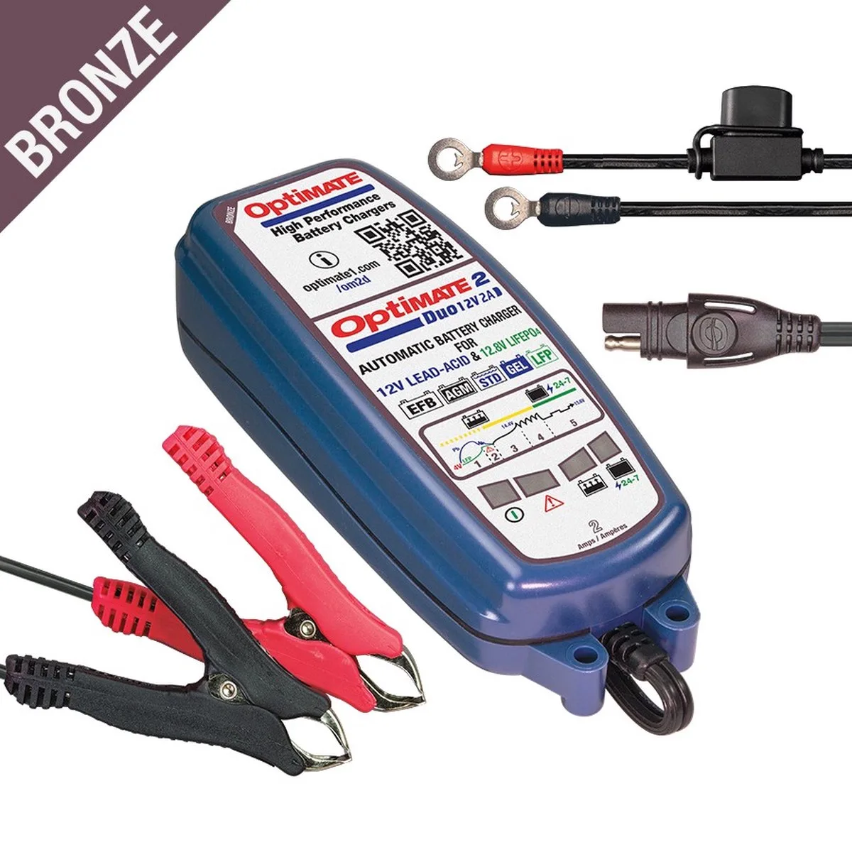 OptiMate 2 DUO - TM550 - 12V / 12,8V Acculader & Onderhouder – Automatische 5-staps Smart Charger (2A) – Voor Loodzuur & Lithium LiFePO4 Accu’s – Veilig 24/7 Onderhoud, Weerbestendig van TecMate – productfoto