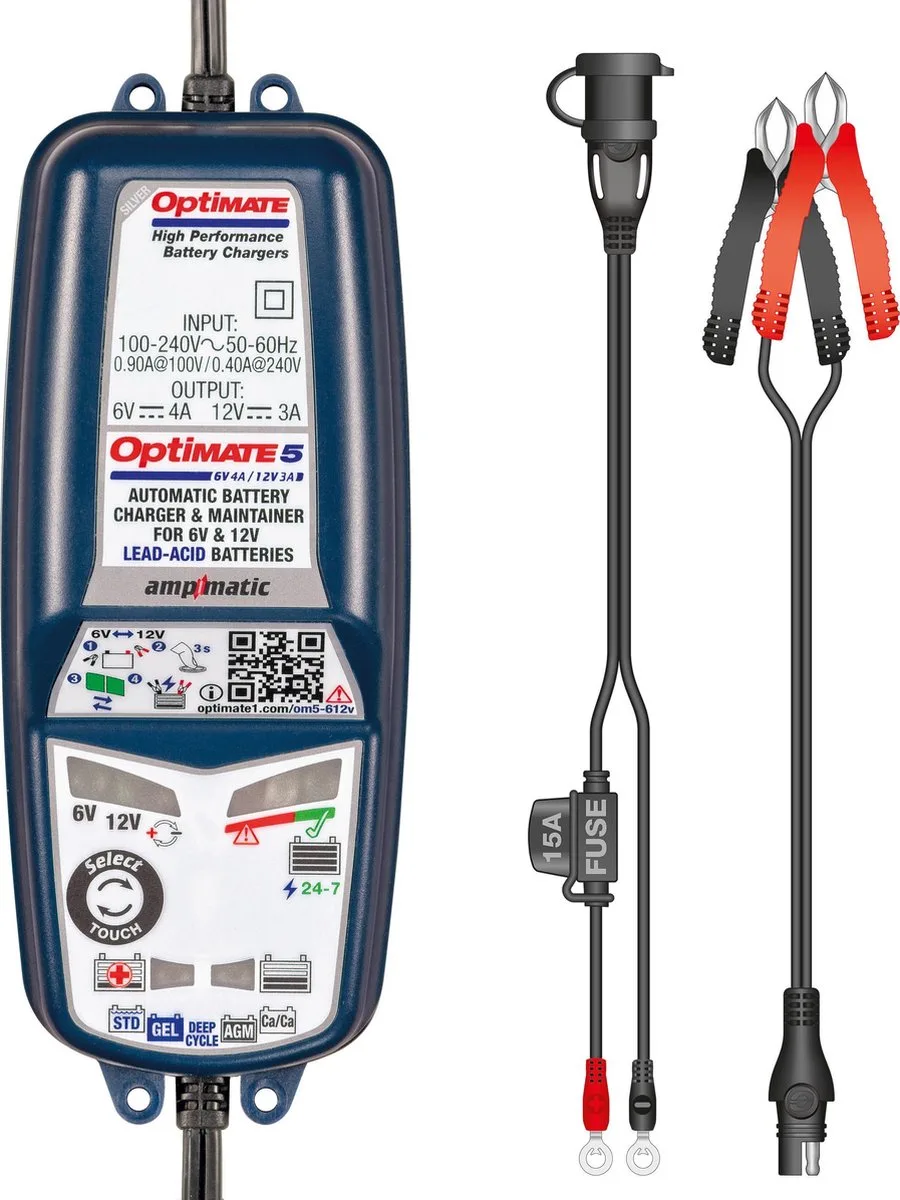 OptiMate 5 6V/12V - TM320 - Acculader & Onderhouder – 8-staps Smart Lader (6V 4A / 12V 3A) – Voor 6V & 12V Loodzuur, AGM, GEL & Deep-Cycle Accu’s – Slim, Veilig & Weerbestendig van TecMate – productfoto
