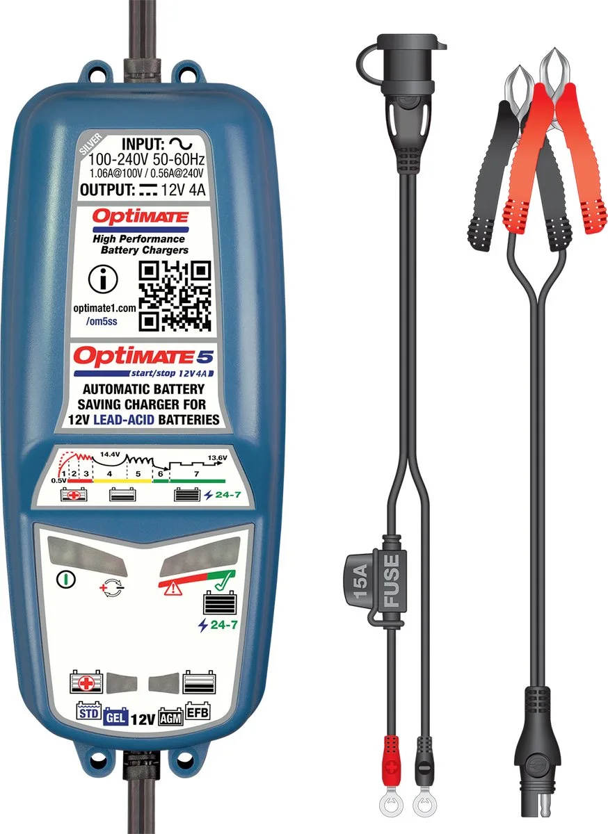 Optimate 5 Start/Stop 12 V 4 A automatische acculader en onderhoudslader voor AGM, GEL, EFB & STD accu’s met 7 stappen en redt je lader vanaf 0,5 V van TecMate – productfoto