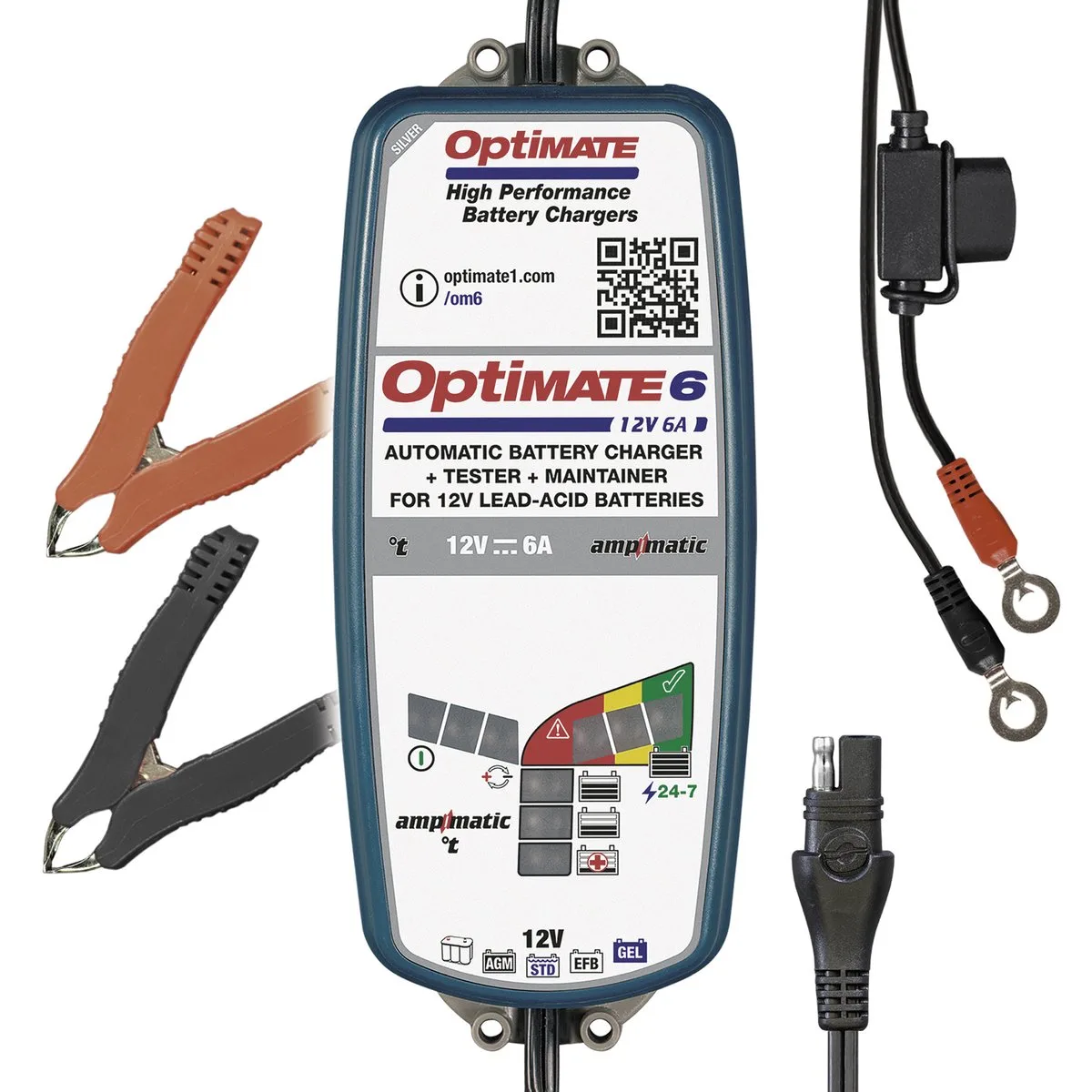 OptiMate 6 Ampmatic - TM360 - 12V 6A Acculader & Onderhouder – Slimme Automatische 9-stappen Lader voor 12V Loodzuur, AGM & GEL Accu’s – Veilige 24/7 Onderhoudslader, Weerbestendig van TecMate – productfoto