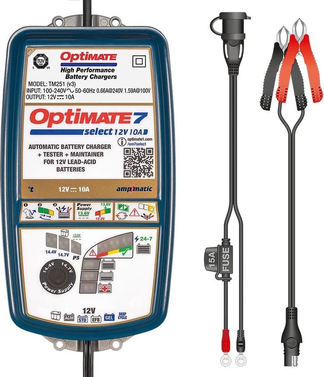 OptiMate 7 Select - TM250 V3 - 12V 10A Acculader & Onderhouder – 9-stappen Automatische Lader voor 12V Loodzuur- en Deep-Cycle-accu’s – Selecteerbare Laadspanning & Voedingmodus – Veilig & Weerbestendig von TecMate – Produktfoto