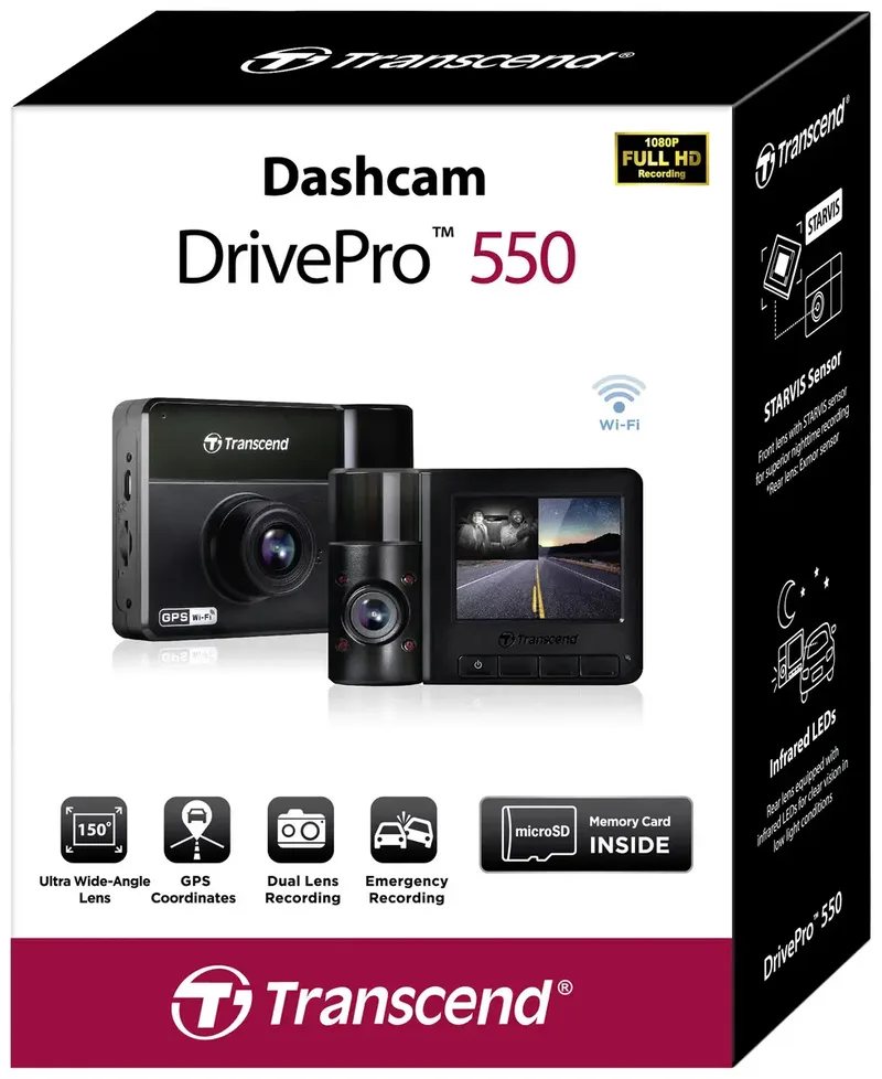 DrivePro 550B Dashcam met GPS Kijkhoek horizontaal (max.): 150 ° 12 V, 24 V WiFi, Accu, Cabinecamera van Transcend – productfoto