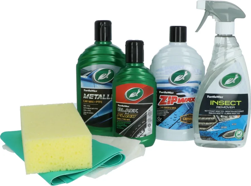 Car care set Poetsemmer - 7 Delige set - Inhoud: Metallic Wax - Black in a Flash - Insecten & teerverwijderaar - Shampoo Zip Wax - Spons - Synthetische Zeem - Katoenen poetsdoek - In handige emmer van Turtle Wax – productfoto