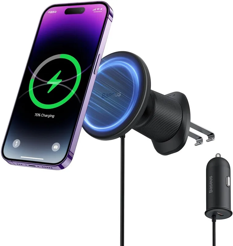 Magnetische Autohalterung CW01, Lüftungsgitterhalterung mit Kfz-Ladegerät USB-C 15 W + 25 W, Schwarz von Baseus – Produktfoto